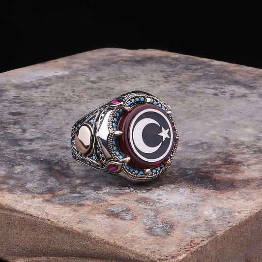 Ay Yıldız İşlemeli Akik Taşlı 925 Ayar Erkek Gümüş Yüzük