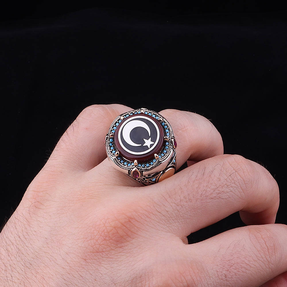 Ay Yıldız İşlemeli Akik Taşlı 925 Ayar Erkek Gümüş Yüzük