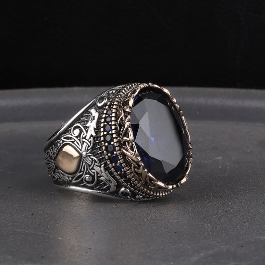 Safir Taşlı 925 Ayar Erkek Gümüş Yüzük