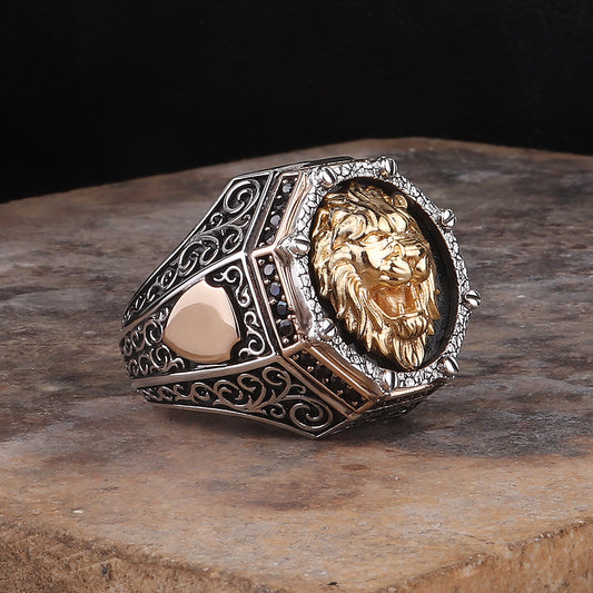 Aslan Motifi İşlemeli 925 Ayar Erkek Gümüş Yüzük