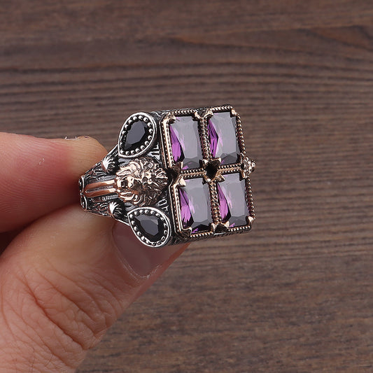 Aslan İşlemeli Ametist Taşlı 925 Ayar Erkek Gümüş Yüzük