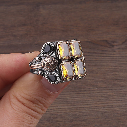 Aslan İşlemeli Sitrin Taşlı 925 Ayar Erkek Gümüş Yüzük