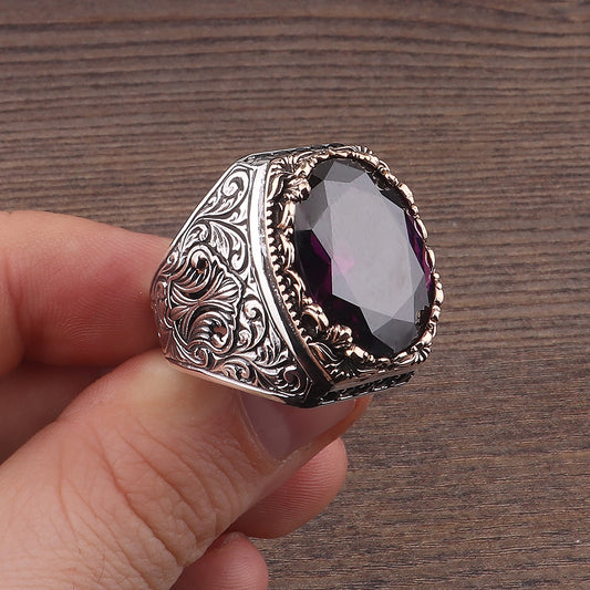 Fetih Serisi Kalem İşlemeli Ametist Taşlı 925 Ayar Erkek Gümüş Yüzük