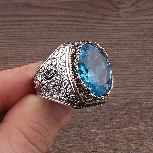 Fetih Serisi Kalem İşlemeli Aqua Taşlı 925 Ayar Erkek Gümüş Yüzük