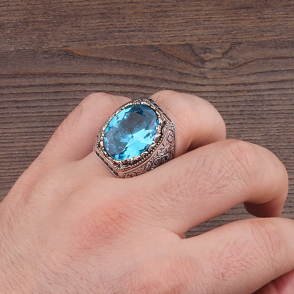 Fetih Serisi Kalem İşlemeli Aqua Taşlı 925 Ayar Erkek Gümüş Yüzük