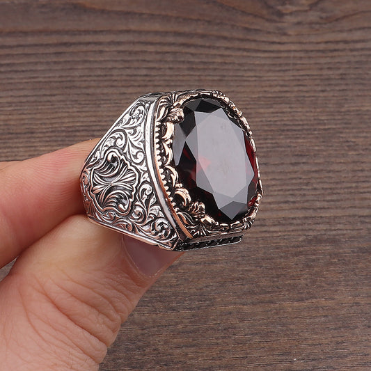 Fetih Serisi Kalem İşlemeli Kırmızı Zirkon Taşlı 925 Ayar Erkek Gümüş Yüzük