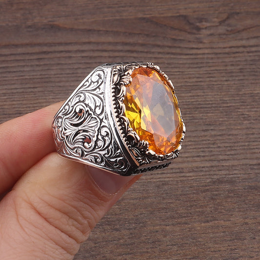 Fetih Serisi Kalem İşlemeli Sitrin Taşlı 925 Ayar Erkek Gümüş Yüzük