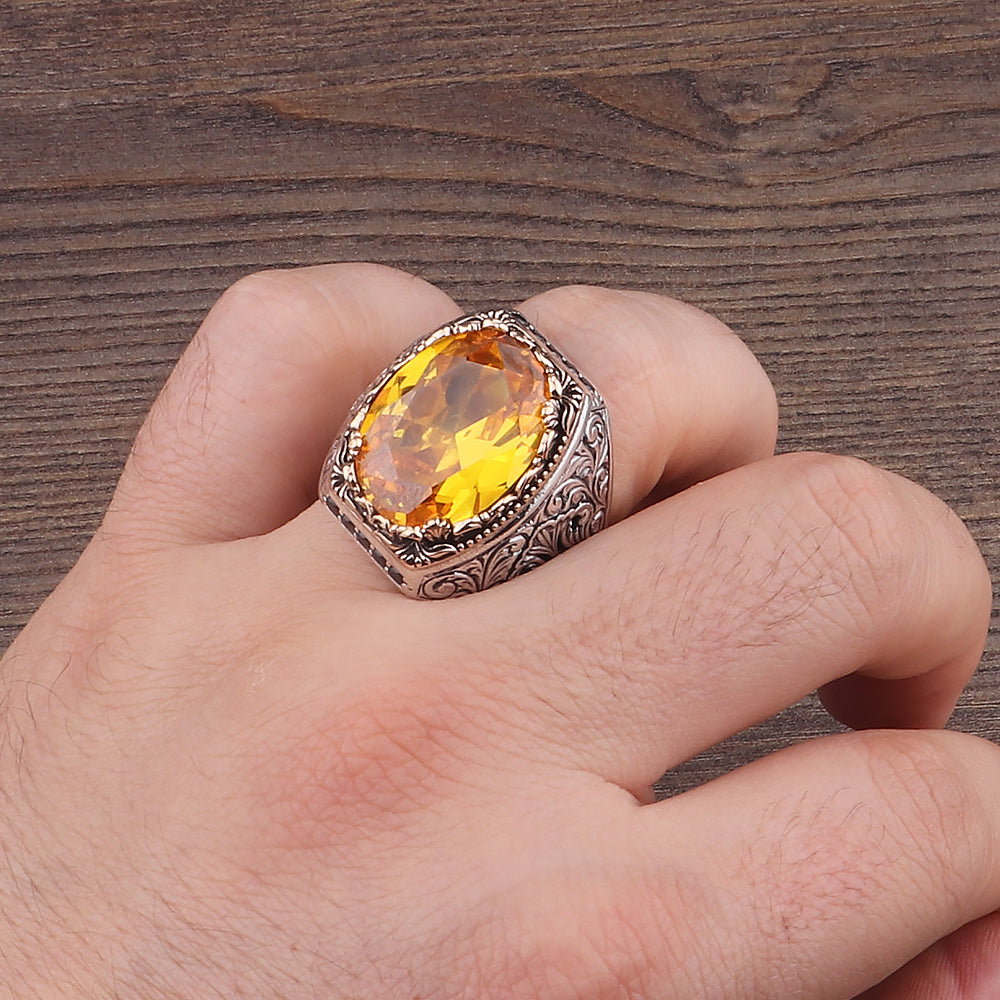 Fetih Serisi Kalem İşlemeli Sitrin Taşlı 925 Ayar Erkek Gümüş Yüzük