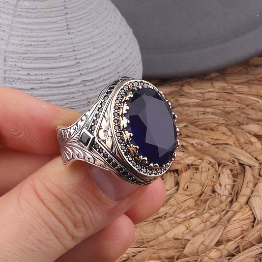 Kalem İşlemeli Lacivert Paraiba Taşlı 925 Ayar Erkek Gümüş Yüzük