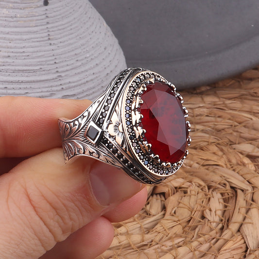 Kalem İşlemeli Bordo Paraiba Taşlı 925 Ayar Erkek Gümüş Yüzük