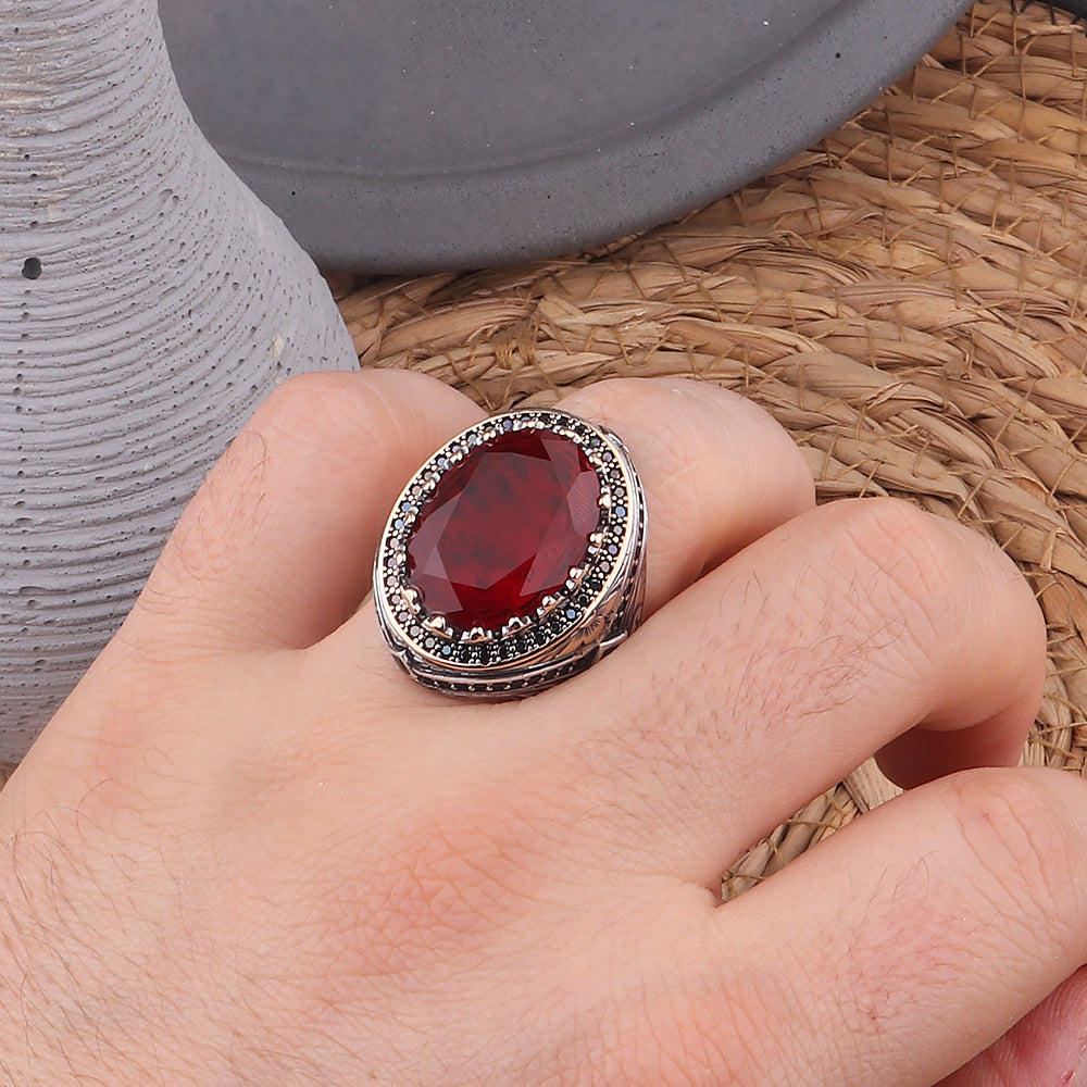 Kalem İşlemeli Bordo Paraiba Taşlı 925 Ayar Erkek Gümüş Yüzük