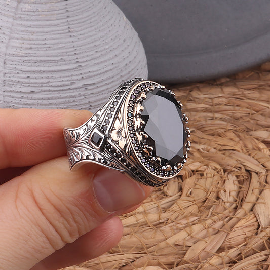 Kalem İşlemeli Zirkon Taşlı 925 Ayar Erkek Gümüş Yüzük