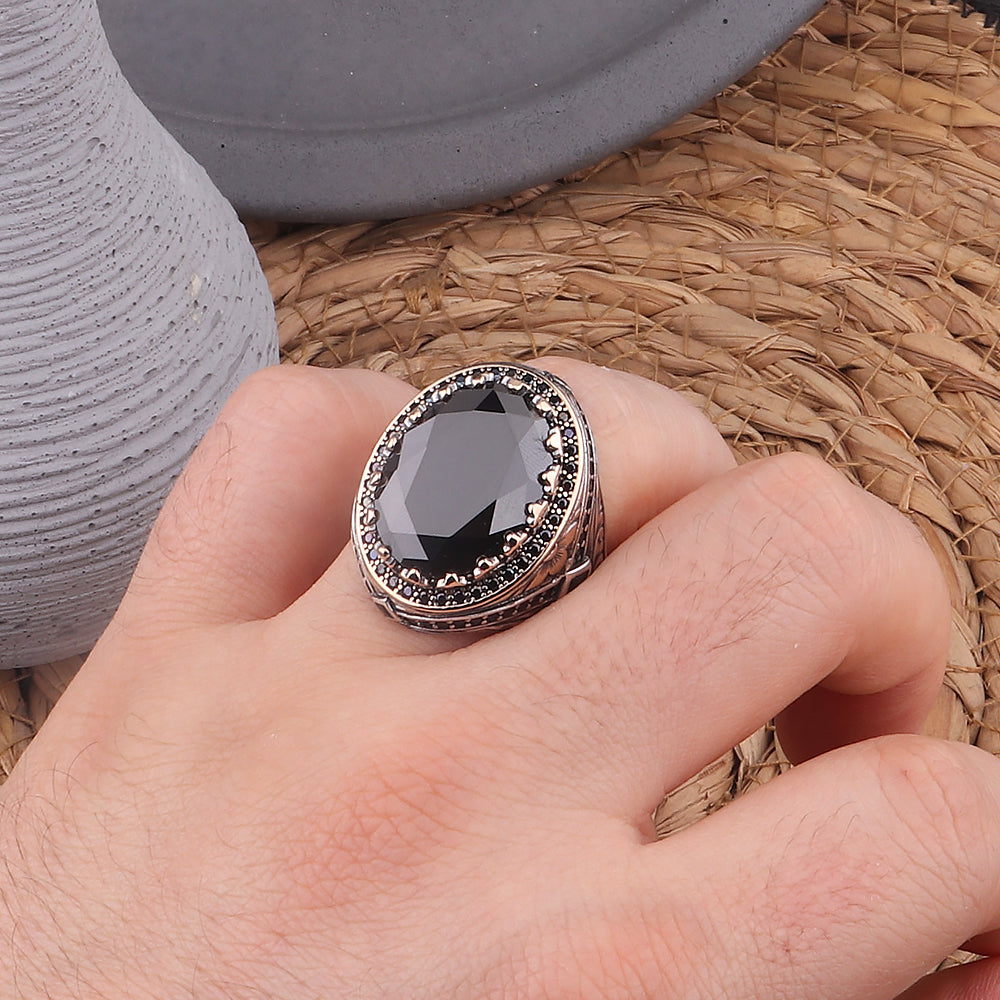 Kalem İşlemeli Zirkon Taşlı 925 Ayar Erkek Gümüş Yüzük