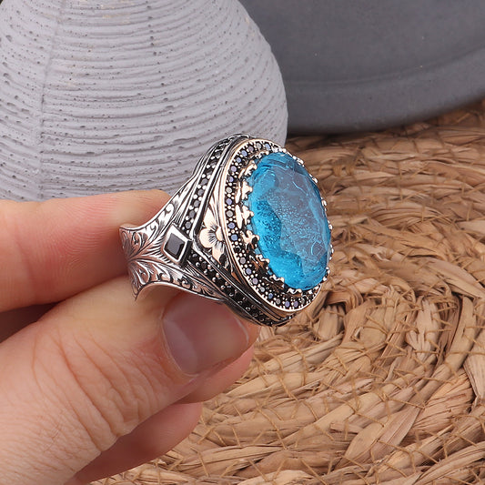 Kalem İşlemeli Paraiba Taşlı 925 Ayar Erkek Gümüş Yüzük