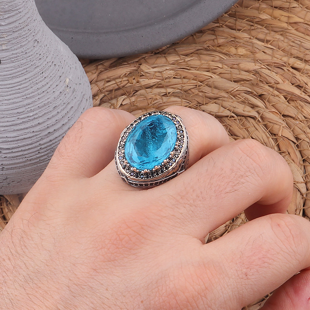 Kalem İşlemeli Paraiba Taşlı 925 Ayar Erkek Gümüş Yüzük