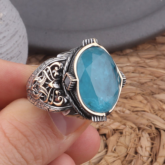 Mavi Paraiba Taşlı Kalem İşleme 925 Ayar Erkek Gümüş Yüzük
