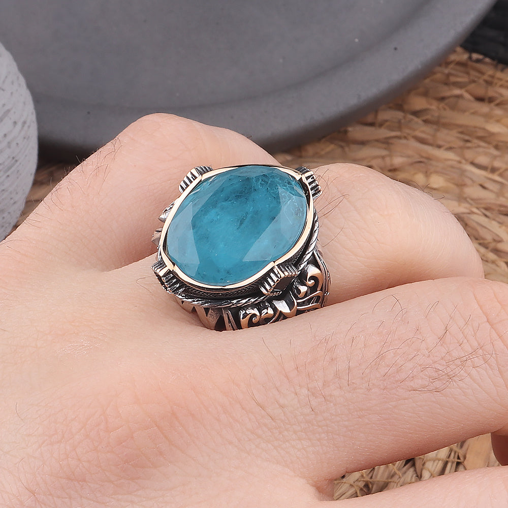 Mavi Paraiba Taşlı Kalem İşleme 925 Ayar Erkek Gümüş Yüzük