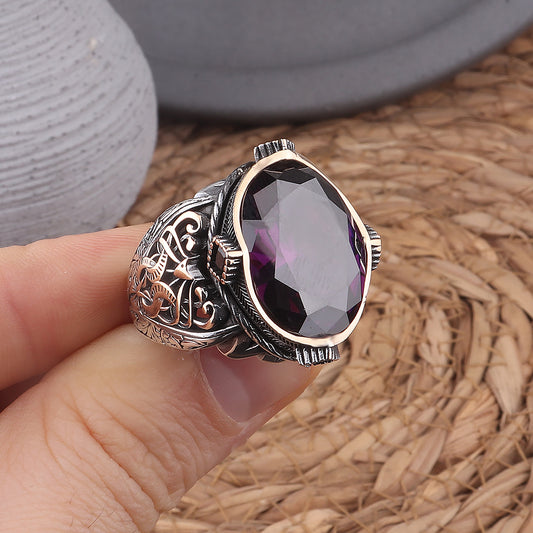 Ametist Taşlı Kalem İşleme 925 Ayar Erkek Gümüş Yüzük