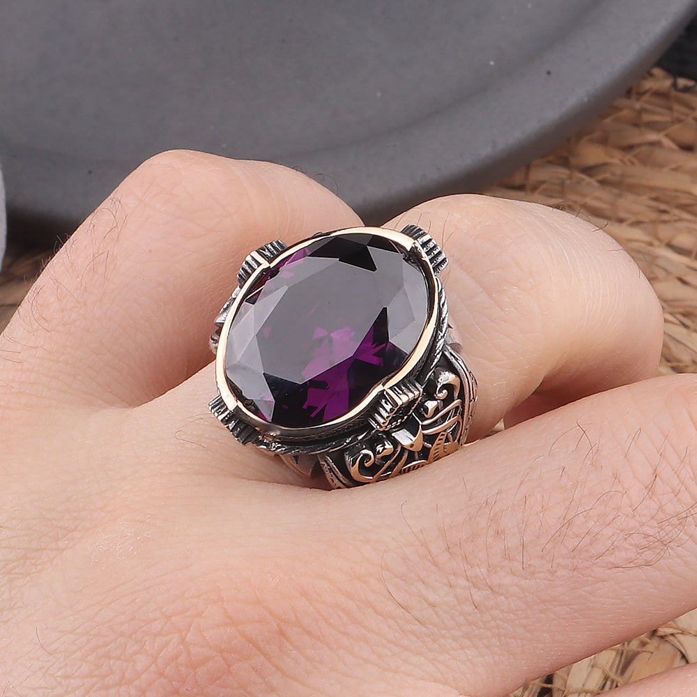 Ametist Taşlı Kalem İşleme 925 Ayar Erkek Gümüş Yüzük
