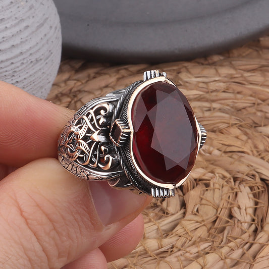 Bordo Paraiba Taşlı Kalem İşleme 925 Ayar Erkek Gümüş Yüzük