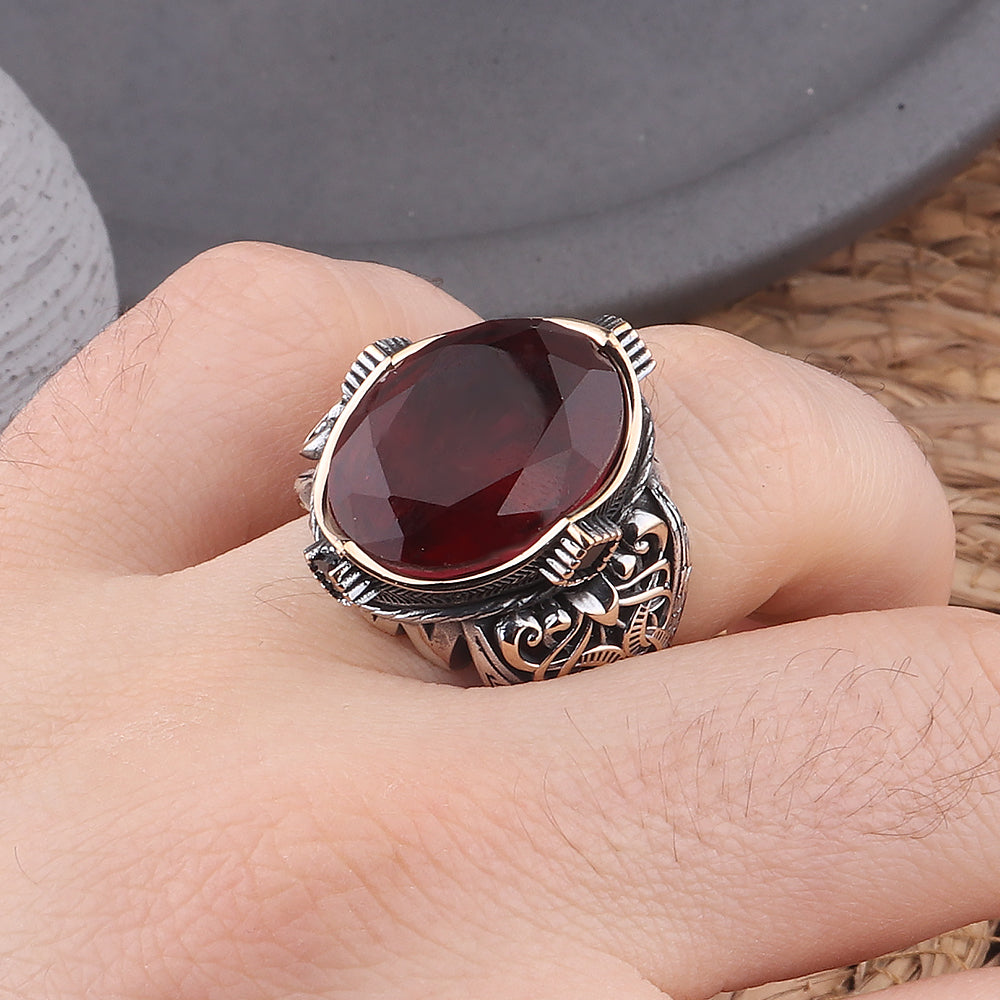 Bordo Paraiba Taşlı Kalem İşleme 925 Ayar Erkek Gümüş Yüzük