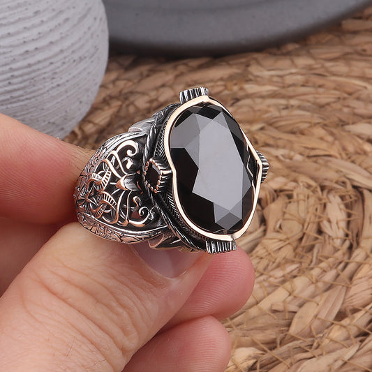 Siyah Zirkon Taşlı Kalem İşlemeli 925 Ayar Erkek Gümüş Yüzük