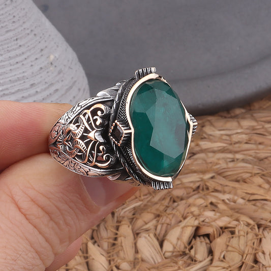 Yeşil Paraiba Taşlı Kalem İşleme 925 Ayar Erkek Gümüş Yüzük