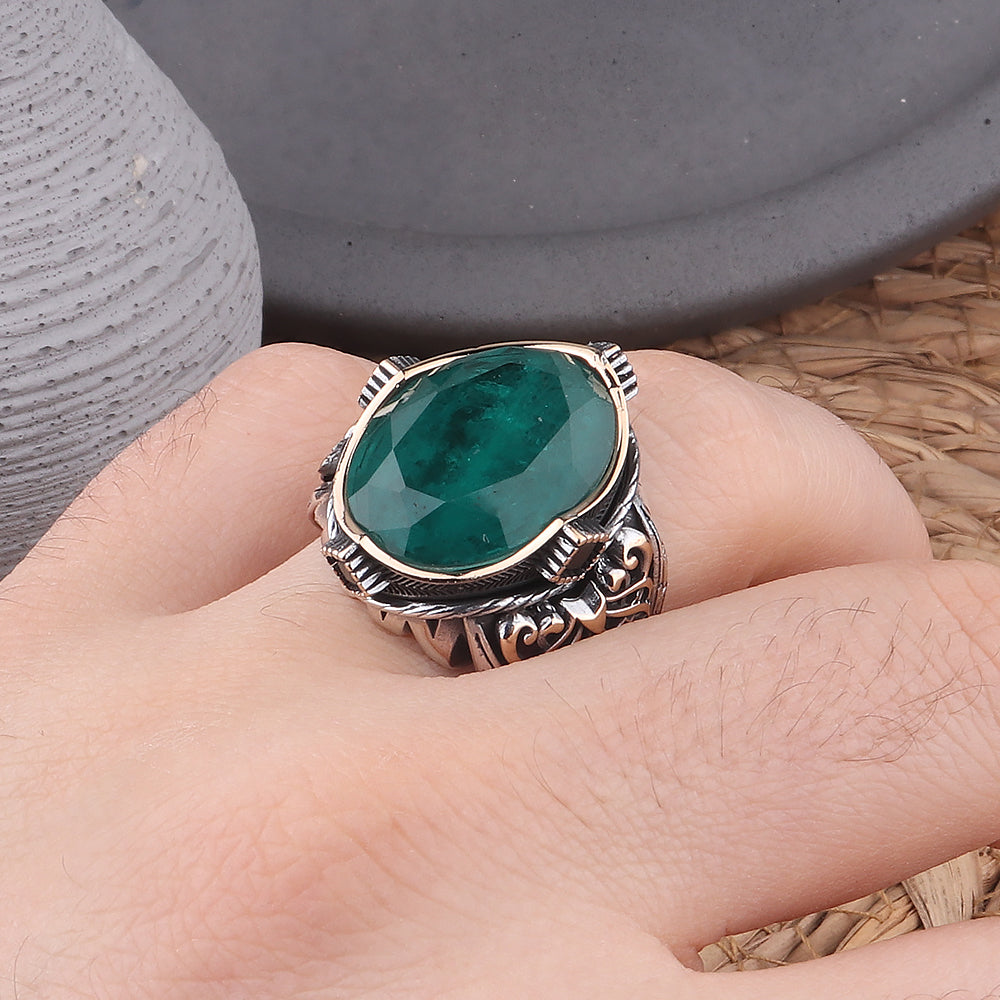 Yeşil Paraiba Taşlı Kalem İşleme 925 Ayar Erkek Gümüş Yüzük