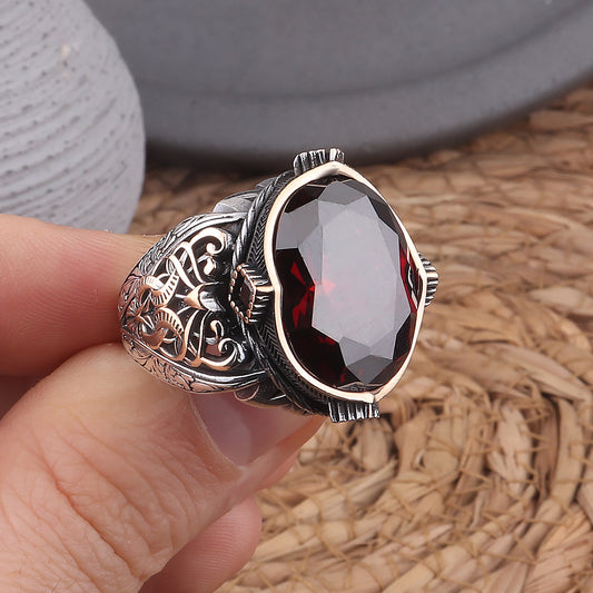 Kırmızı Zirkon Taşlı Kalem İşlemeli 925 Ayar Erkek Gümüş Yüzük