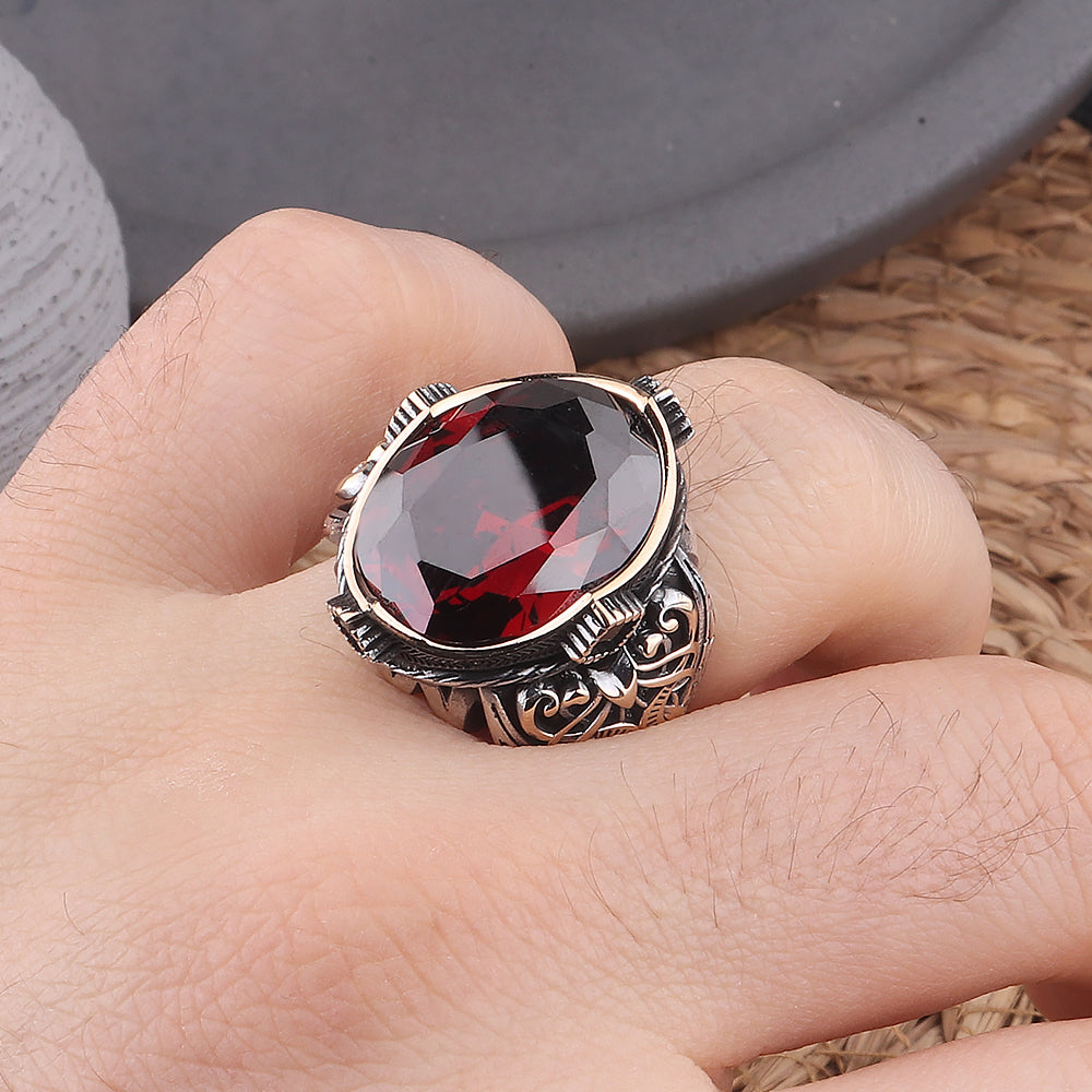 Kırmızı Zirkon Taşlı Kalem İşlemeli 925 Ayar Erkek Gümüş Yüzük