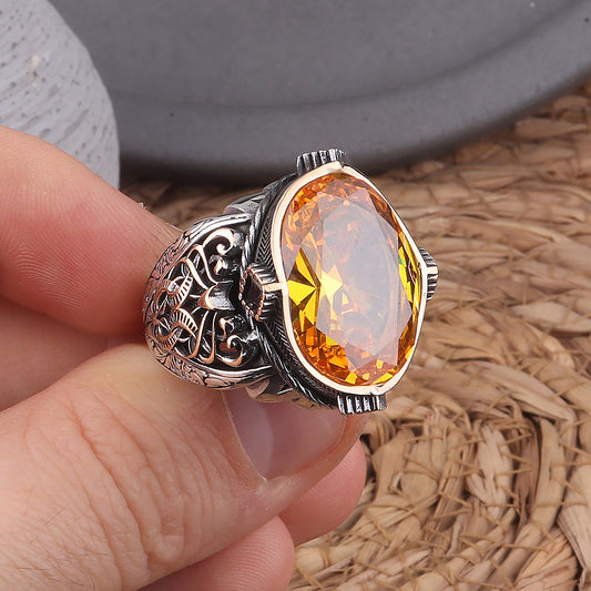 Sitrin Taşlı Kalem İşlemeli 925 Ayar Erkek Gümüş Yüzük