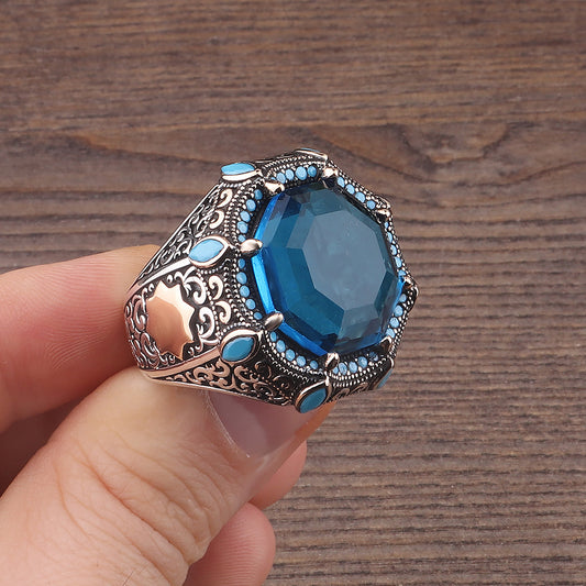 Aqua Taşlı Kişiye Özel İsim Harf Yazılı 925 Ayar Erkek Gümüş Yüzük