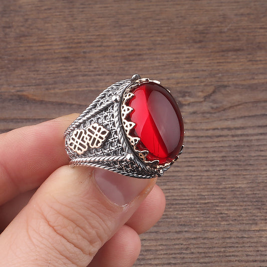 Lal Taşlı 925 Ayar Erkek Gümüş Yüzük
