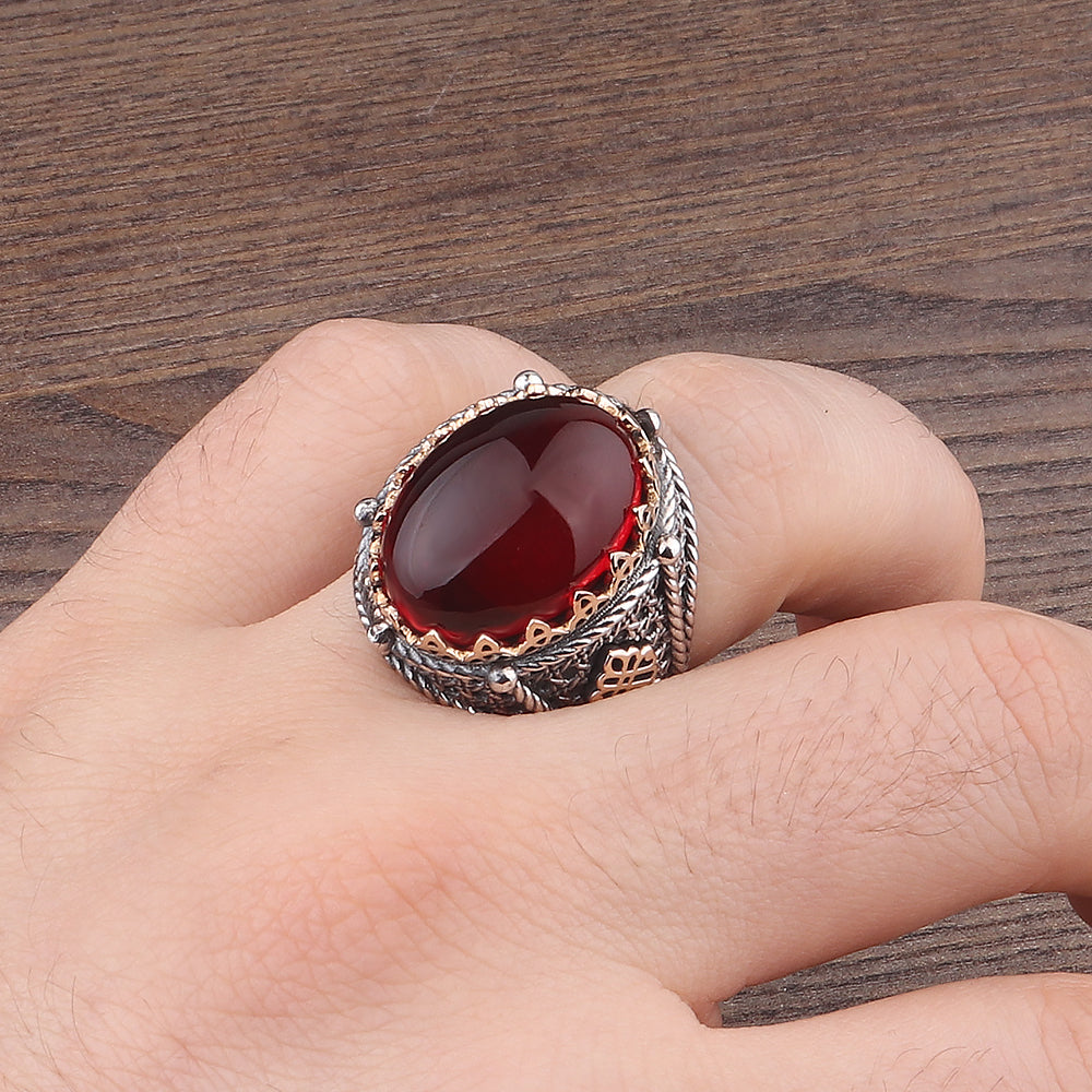 Lal Taşlı 925 Ayar Erkek Gümüş Yüzük