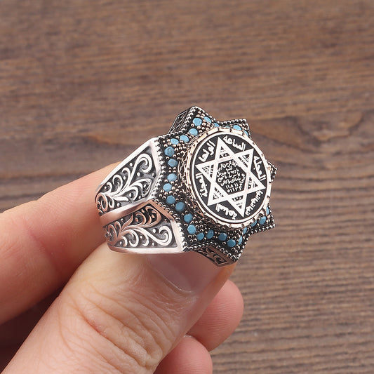 Gravür Bezeme Selçuklu Yıldızı Süleyman Mührü İşlemeli 925 Ayar Erkek Gümüş Yüzük