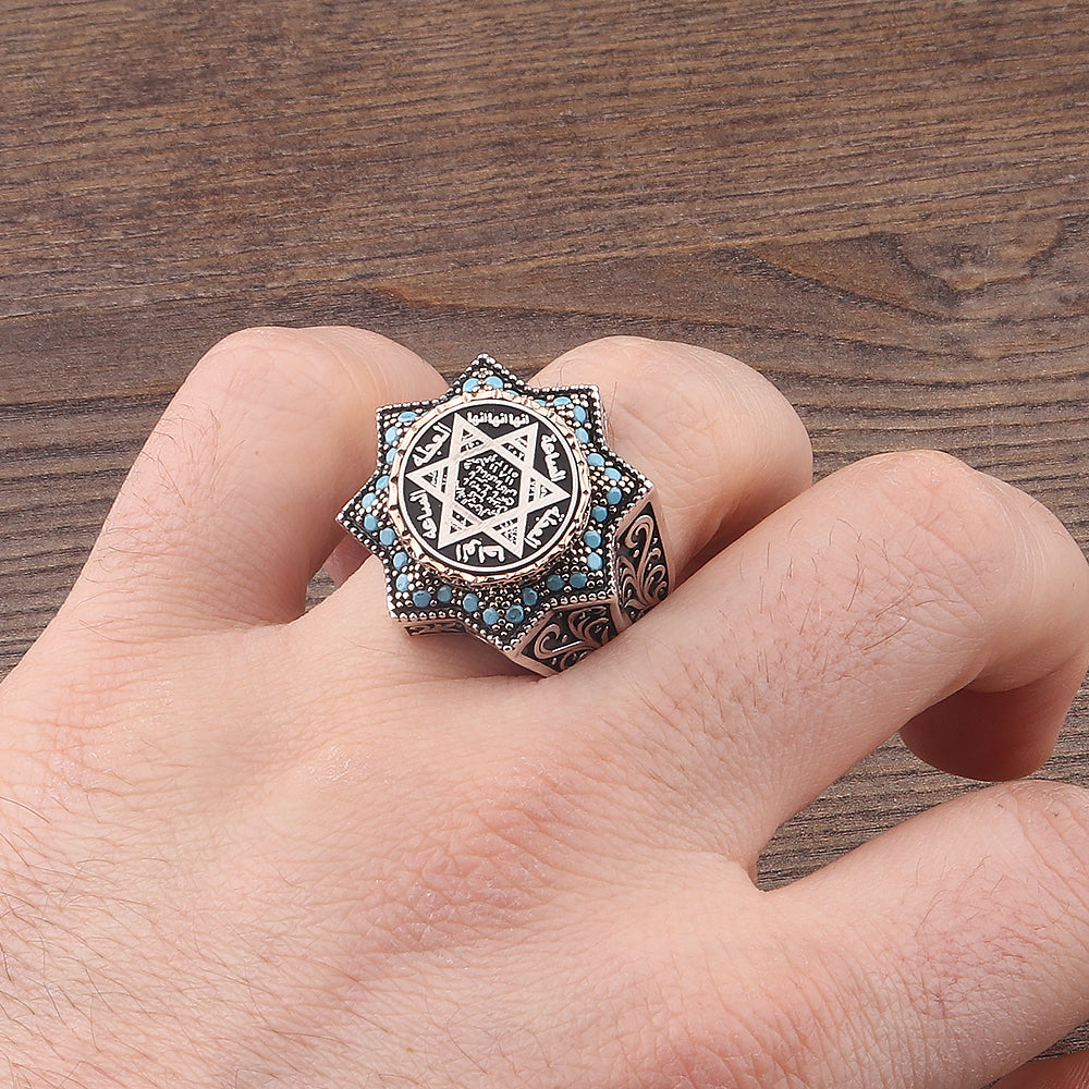 Gravür Bezeme Selçuklu Yıldızı Süleyman Mührü İşlemeli 925 Ayar Erkek Gümüş Yüzük