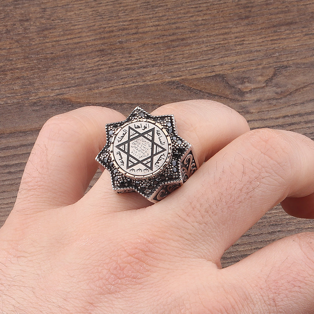 Gravür Bezeme Selçuklu Yıldızı Süleyman Mührü İşlemeli 925 Ayar Erkek Gümüş Yüzük