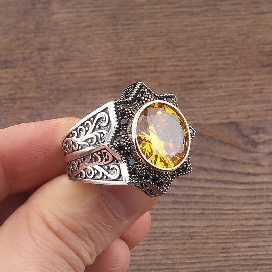 Gravür Bezeme Selçuklu Yıldızı İşlemeli Sitrin Taşlı 925 Ayar Erkek Gümüş Yüzük