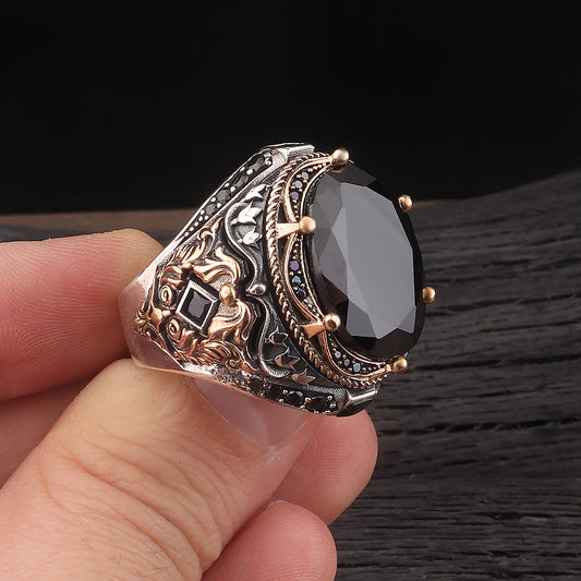 Fetih Serisi Siyah Zirkon Taşlı 925 Ayar Erkek Gümüş Yüzük