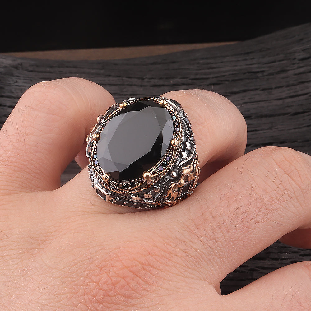 Fetih Serisi Siyah Zirkon Taşlı 925 Ayar Erkek Gümüş Yüzük