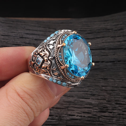 Fetih Serisi Aqua Taşlı 925 Ayar Erkek Gümüş Yüzük