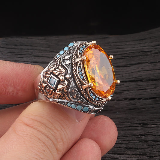 Fetih Serisi Sitrin Taşlı 925 Ayar Erkek Gümüş Yüzük