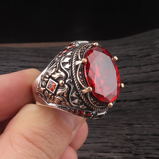 Fetih Serisi Kırmızı Zirkon Taşlı 925 Ayar Erkek Gümüş Yüzük