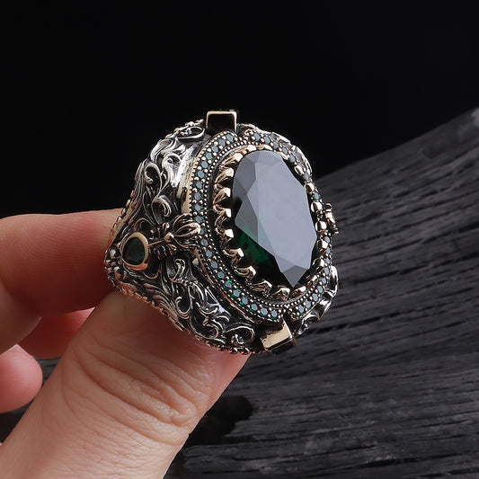 İslam Usta Saltanat Serisi Yeşil Zirkon Taşlı 925 Ayar Gümüş Yüzük