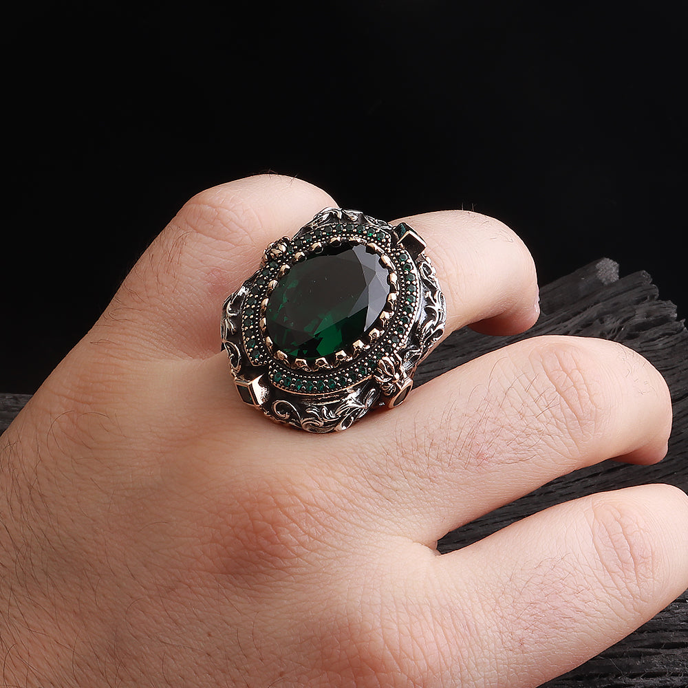 İslam Usta Saltanat Serisi Yeşil Zirkon Taşlı 925 Ayar Gümüş Yüzük