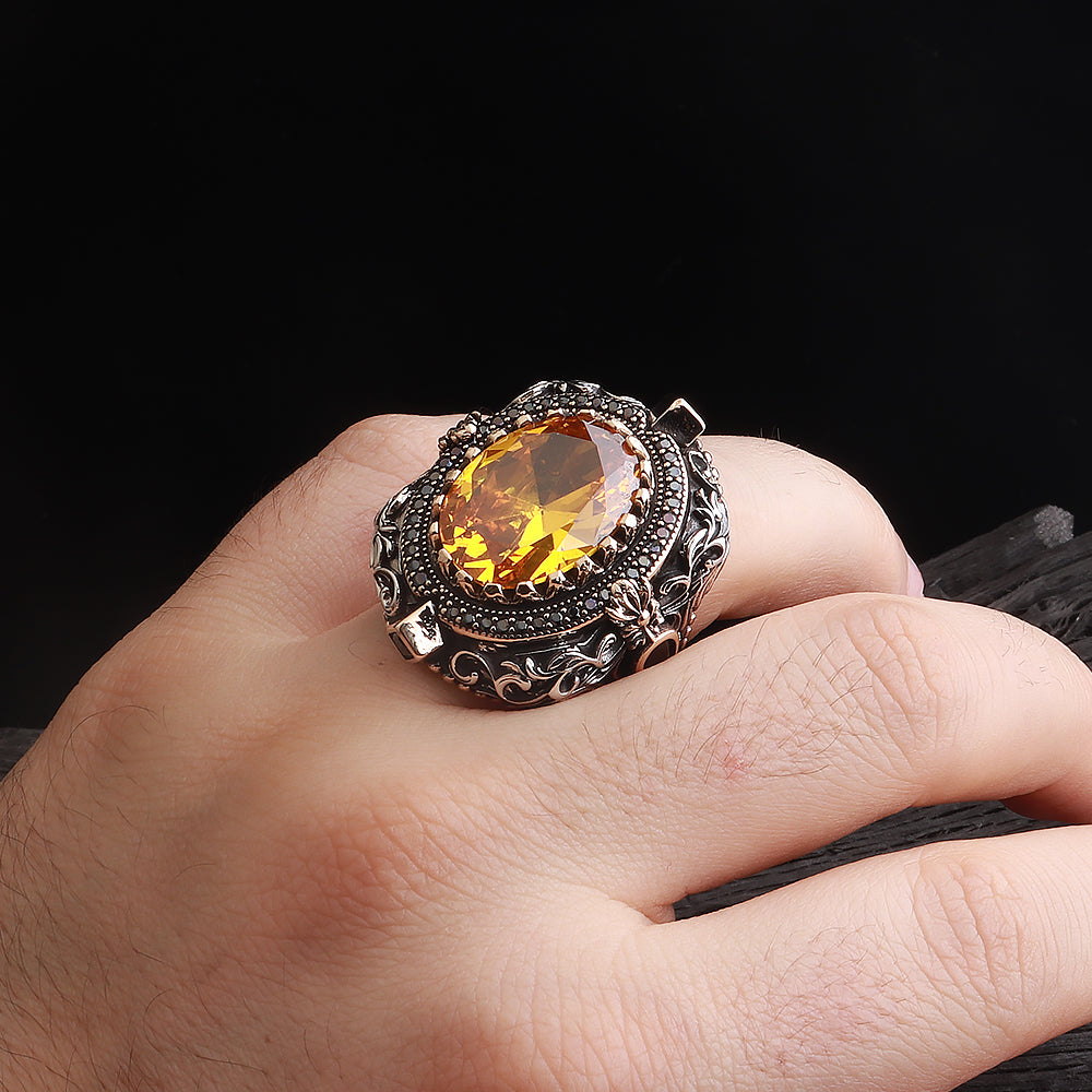 İslam Usta Saltanat Serisi Sitrin Taşlı 925 Ayar Gümüş Yüzük