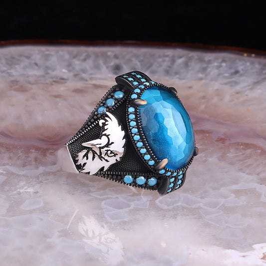 Kartal Motifli Blue Topaz Taşlı 925 Ayar Gümüş Yüzük