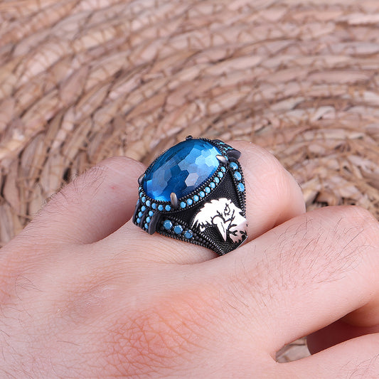 Kartal Motifli Blue Topaz Taşlı 925 Ayar Gümüş Yüzük