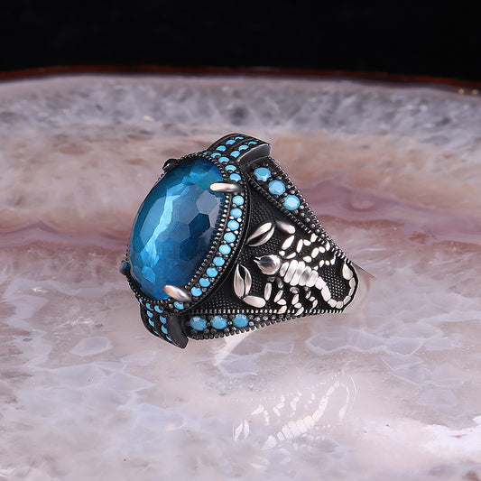 Akrep Motifli Blue Topaz Taşlı 925 Ayar Gümüş Yüzük