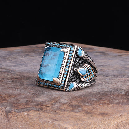 Paraiba Taşlı 925 Ayar Gümüş Erkek Yüzüğü